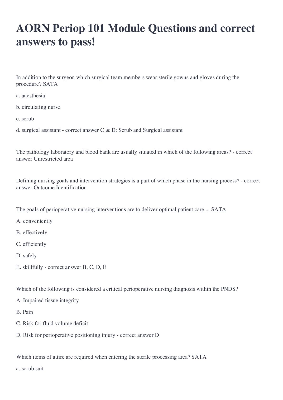 Preview image for AORN Periop 101 Module Questions and correct answers to pass!